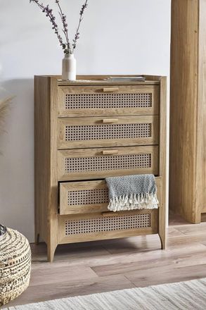 Julian Bowen Sydney Rattan Print 5 Drawer Chest in Light Oak