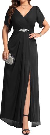 Ever-pretty Mother of The Bridesmaid Dress V-Neck Short Sleeve Side Slit Chiffon Black 18