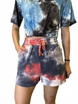 She + Sky Tie Dyed French Terry Knit Shorts In Coral/navy