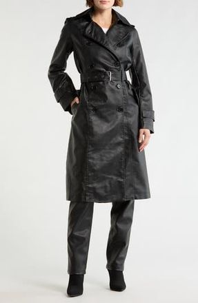 Max Studio Faux Leather Long Trench Coat in Black-Black at Nordstrom Rack, Size Large
