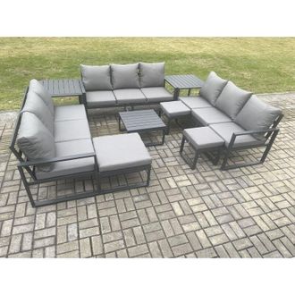 Fimous Aluminium Outdoor Garden Furniture Set Patio Lounge Sofa with Square Coffee Table 2 Side Tables 3 Footstools Conservatory Set Dark Grey - Fimous