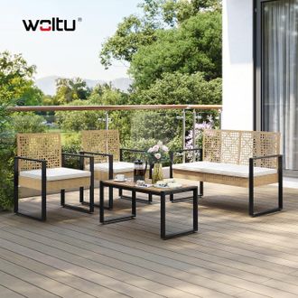 Woltu Woltu Conjunto De Jard&iacute;n, Sof&aacute; De 4 Plazas Con Mesa, Sof&aacute; De 2 Plazas Y 2 Sillones Con Cojines Extra&iacute;bles Para Jard&iacute;n O Piscina, Color Madera Natural