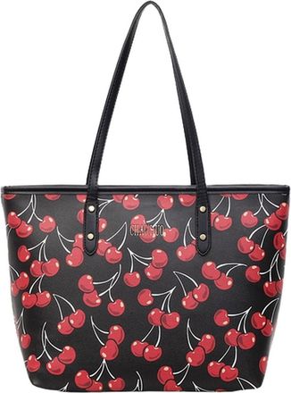 Generic Cherry Tote Bag with Fruit Print Stylish Synthetic Leather Handbag for Commuting and Shopping (Black,15.35&times;4.33&times;10.63in)