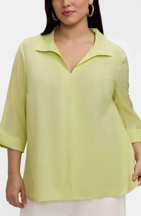 Foxcroft Agnes Three-Quarter Sleeve Linen Blend Top in Limoncello at Nordstrom, Size 1X