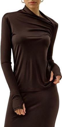 LilySilk Slim Fitted Silk Jersey Long Sleeve Top in Cocoa at Nordstrom, Size X-Large