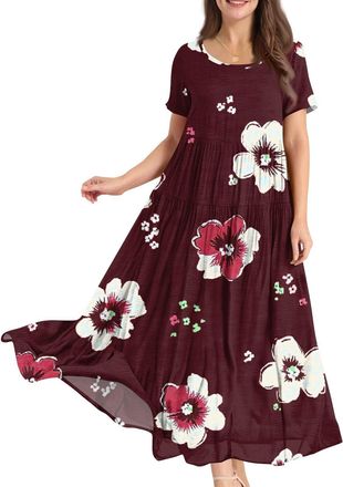 Generic Casual Dresses for Women UK, Womens Summer Long Dresses Casual Short Sleeve Crew Neck Maxi Sundress Ladies Loose Tshirt Dress Boho Floral Beach Sundre