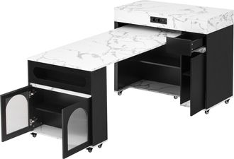 STILVORA Isola Da Cucina Con 1 Cassetto, 2 Ante In Vetro, Tavolo Estensibile, Prese E Ruote Per Cucina, Nero