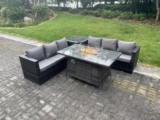 Fimous Outdoor Rattan Gas Fire Pit Dining Table Sets Gas Heater Side Table 6 Seater in Dark Grey