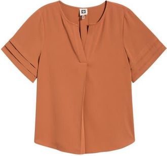Anne Klein Pleated Split Neck Top in Cedar Spice at Nordstrom, Size X-Large P