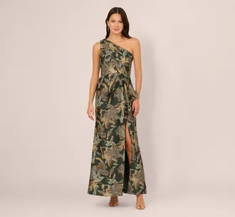 Adrianna Papell One Shoulder Jacquard Dress In Green Gold