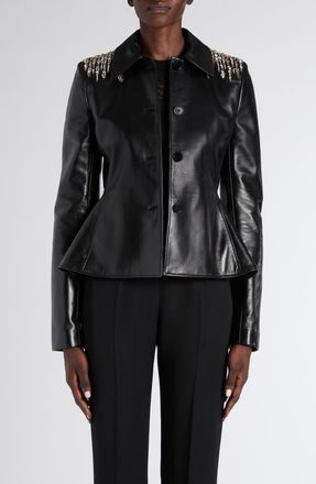 Alexander McQueen Crystal Embroidered Leather Peplum Jacket in Black at Nordstrom, Size 4 Us