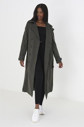 Brave Soul Womens Khaki Double-Breasted Longline Trench Coat With Detachable Hood - Size 10 UK