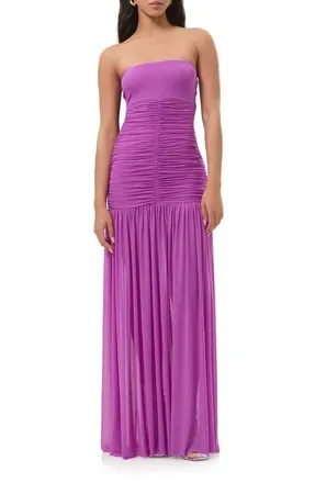 AFRM Denise Polka Dot Ruched Strapless Maxi Dress in Cactus Flower at Nordstrom, Size X-Large