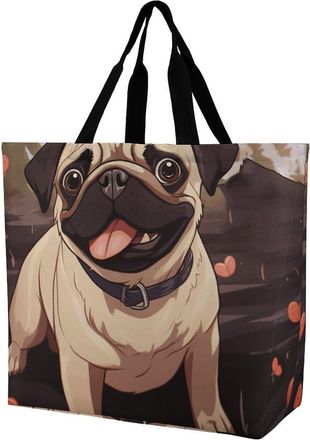 Generic Cute Pug Shopping Bag Foldable Shopper Bag Waterproof Handbags For Daily Use Camping College