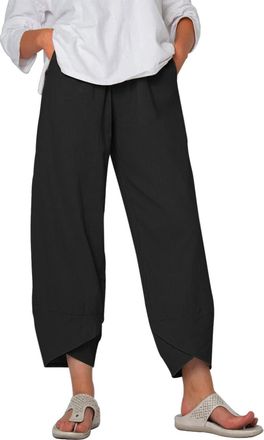 Heekpek Womens Trousers Summer Wide Leg Capri Pants Casual Cotton Trousers Elastic Waistband with Pockets Lightweight Cropped Trousers, Black, L