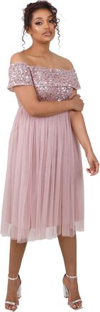 Maya Womens Ladies Bardot Dresses Midi High Empire Waist Sequins Embellished Formal Evening for Wedding Guest Bridesmaid, Frosted Pink, 16