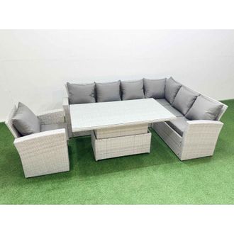 Fimous 7 Seat Rattan Garden Furniture Corner Sofa Set Outdoor Adjustable Lifting Dining or Coffee Table Set with Armchair Light Grey - Fimous