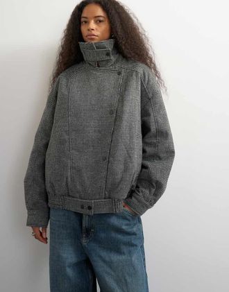 Topshop giacca bomber in lana con cintura, collo alto, a quadri-Multicolore