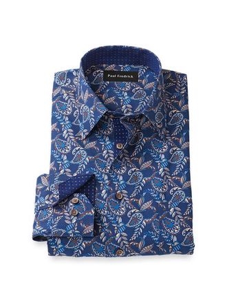 Paul Fredrick Tailored Fit Comfort Stretch Non-iron Paisley Dress Shirt With Contrast Trim in Navy Multi at Nordstrom, Size 16 - 32