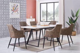 Life Interiors Life Interiors - Juego De Comedor Toga Lux Zarah: Mesa De Comedor Extensible Blanca Y Juego De 6 Sillas De Comedor De Cuero Marr&oacute;n Claro - Comedor Coc