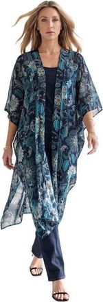 Roaman's Plus Size Flowy Chiffon Duster in Navy Magnolia Garden at Nordstrom, Size X-Large/xx-Large