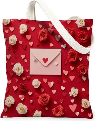 Generic Valentines Day Rose Floral Canvas Tote Bag for Shopping 13x15, Red Romantic Love Reusable Grocery Print Pattern Bag for Women, Holiday Beach Aesthetic