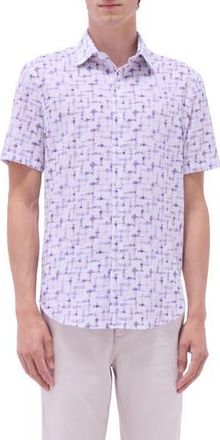 Bugatchi Orson Geo Print Short Sleeve Cotton Seersucker Button-Up Shirt in Lilac at Nordstrom Rack, Size Xxx-Large
