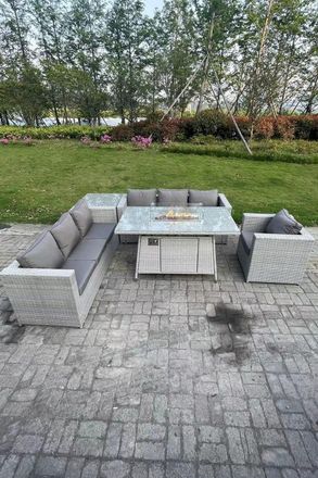 Fimous Corner Rattan FirePit Garden Furniture Set Gas Heater Burner Lounge Sofa With Side Coffee Table in Light Grey