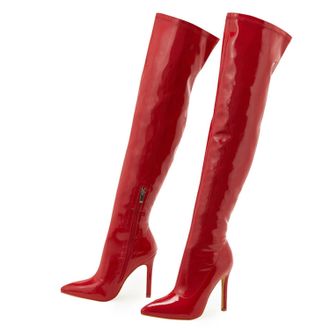 Generic Red,5.5 UK,Womens Patent Leather PU Thigh High Boots Pointy Toe Side Zippe Fashion Comfy Stiletto High Heel Over The Knee Boot Fall Winter Dress Shoes