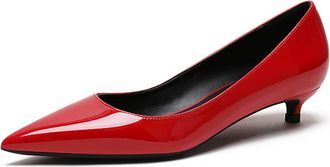 EDEFS Smart Work Shoes for Women Red 1.4 Inch Kitten Heel Pointed Toe Court Heels Patent Leather UK10
