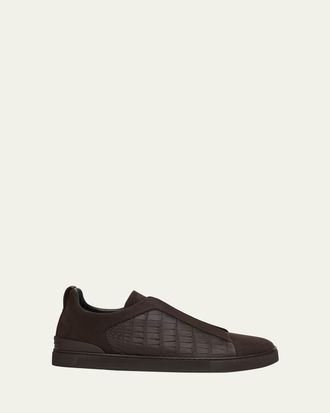 Ermenegildo Zegna Mens Triple Stitch Alligator and Nubuck Slip-On Sneakers