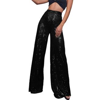 Generic Sequin Pants for Women Elegant Glitter Elastic High Waist Wide Leg Pants Fashion Sparkly Party Trouser Bling Legging
