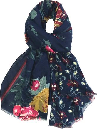 World of Shawls Floral Print with Gold Foil Scarf for Women Ladies Shawl Wrap Stole - Black Maroon Gold Grey Navy Blue Green (Navy/Multi)
