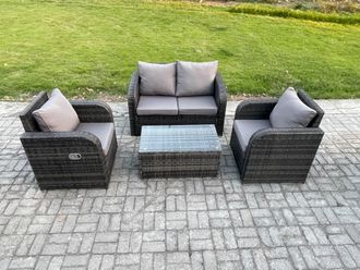 Fimous 4 PC Outdoor PE Rattan Garden Furniture Set Wicker Love Sofa Coffee Table 2 Armchair Dark Grey Mixed