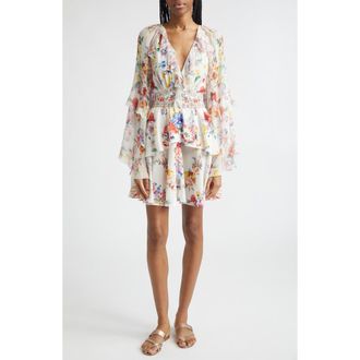 Camilla I Left My Heart in Granada Print Long Sleeve Tiered Ruffle Silk Minidress at Nordstrom, Size X-Large