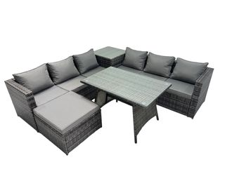 Fimous Garden Rattan Furniture Set 7 Seater with Side Table Stool Dark Grey