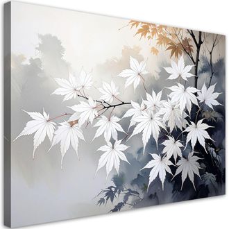 Feeby Cuadro Sobre Lienzo Hojas De Arce Japon&eacute;s Blanco Y Beige 100x70