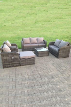 Fimous Rattan Garden Furniture Set Lounge Sofa Reclining Chair Love Sofa Footstool in Dark Grey