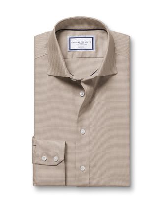 CHARLES TYRWHITT Non-Iron Westminster Weave Cotton Shirt - Mocha Brown Single Cuff Size 16.5/33 by Charles Tyrwhitt