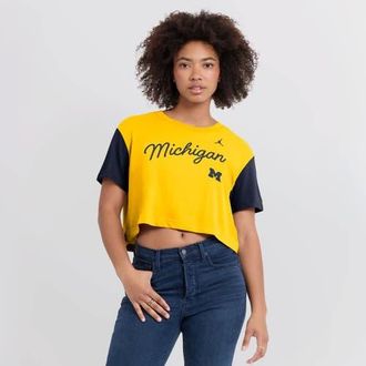Jordan Brand Womens Jordan Brand Maize/Navy Michigan Wolverines Color-Block Script Dri-FIT Cropped T-Shirt at Nordstrom, Size X-Large