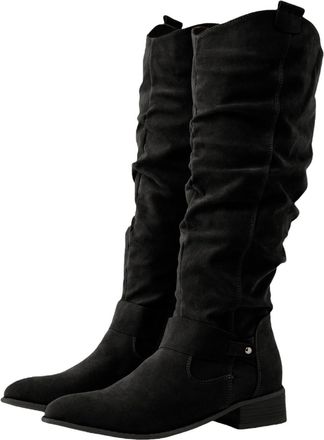 Generic Knee High Boots Women Suede Wide Calf Western Cowgirl Boots Side Zipper Retro Chunky Low Heel Booties Round Toe Outdoor Shoes (Black,3.5)