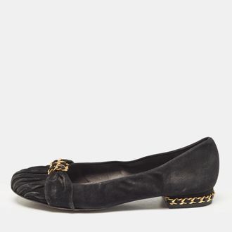 Stuart Weitzman Black Suede Chain Embellished Ballet Flats