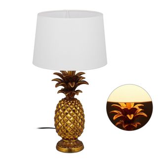 Relaxdays L&aacute;mpara De Mesa Con Forma De Pi&ntilde;a, Pantalla Textil, E27, Decorativa, 54 X 30 Cm, 1 Ud., Dorada - Relaxdays