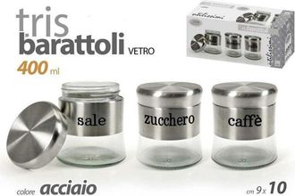 Trade Shop Trade Shop - Tris Barattoli Colore Acciaio In Vetro 9x10cm 400 Ml Sale Zucchero Caffe 816604