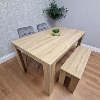 Kosy Koala Dining Table Set Oak Effect Table With 2 Grey Velvet Dining Chairs & 1 Bench in Brown