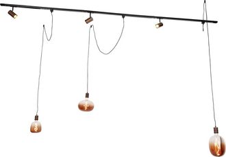 QAZQA Qazqa - Moderno Sistema De Riel Monof&aacute;sico Con 3 Focos Y L&aacute;mparas Colgantes Bronce Oscuro - Cavalux Jeana Acero Alargada Adecuado Para Led Max. 3 X 15
