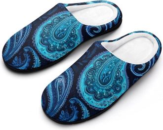 Generic Blue Paisley Floral Slippers Men Winter Warm Cotton Anti-Slip Indoor Slip-Ons House Shoes