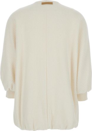 Max Mara Womens White Crewneck Knit Jacket With Logo Patch Virgin Wool Coat