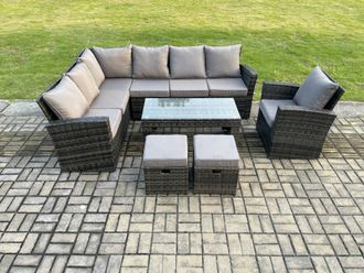 Fimous 9 Seat Rattan Garden Furniture Corner Sofa Set Outdoor Patio Sofa Chair Table Set with 2 Small Footstools in Dark Grey