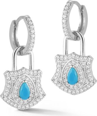 Sphera Milano Cubic Zirconia & Synthetic Turquoise Padlock Drop Huggie Hoop Earrings in Turquoise/Silver at Nordstrom Rack
